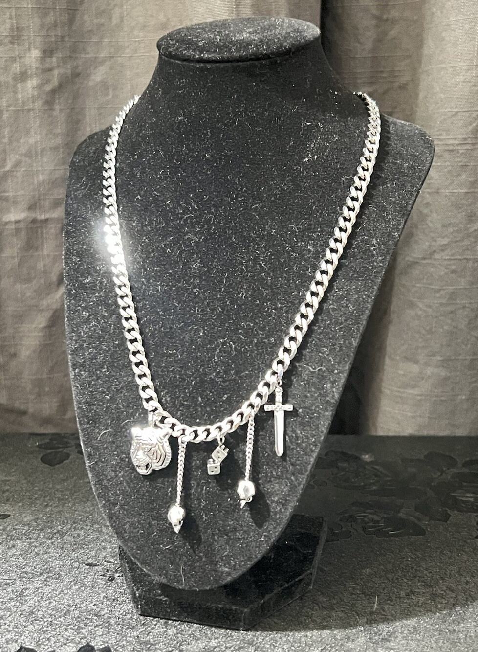 DALMATA Silver-Tone Curb Chain Charm Necklace Cross Statement Goth